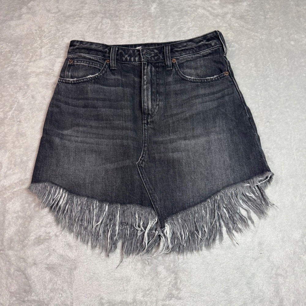 Free People We The Free Womens Black Denim Fringed Mini Skirt Size 26 Western